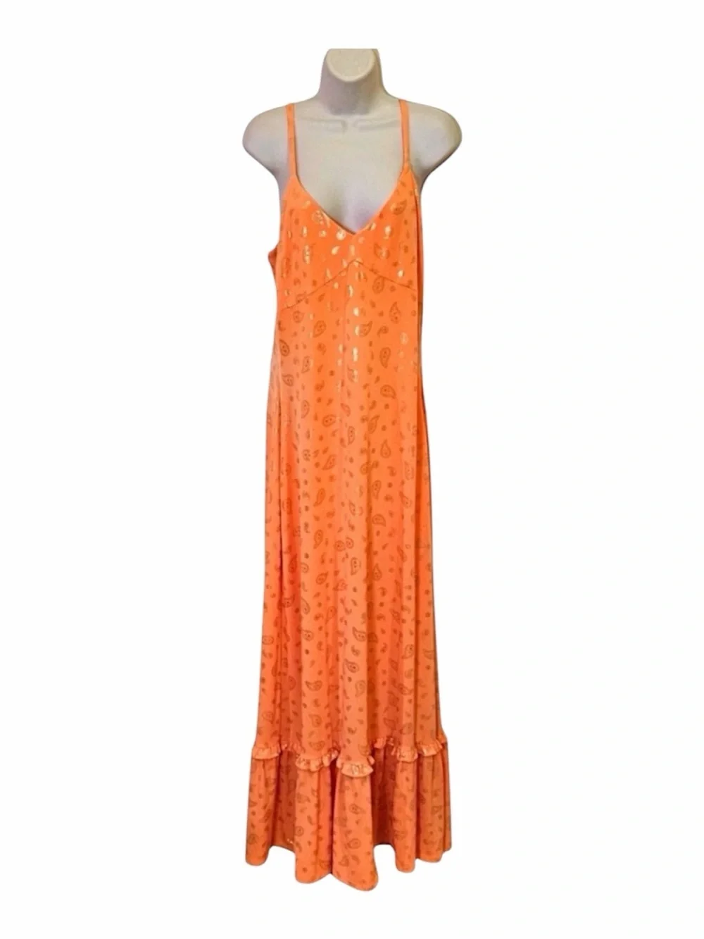 Michael Kors Orange Metallic Paisley Maxi Dress with Ruffle Hem Small